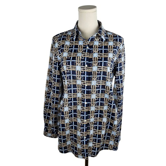 J. McLaughlin Button Down Blouse Sz Medium Blue & Tan Plaid Floral Career - Picture 2 of 9
